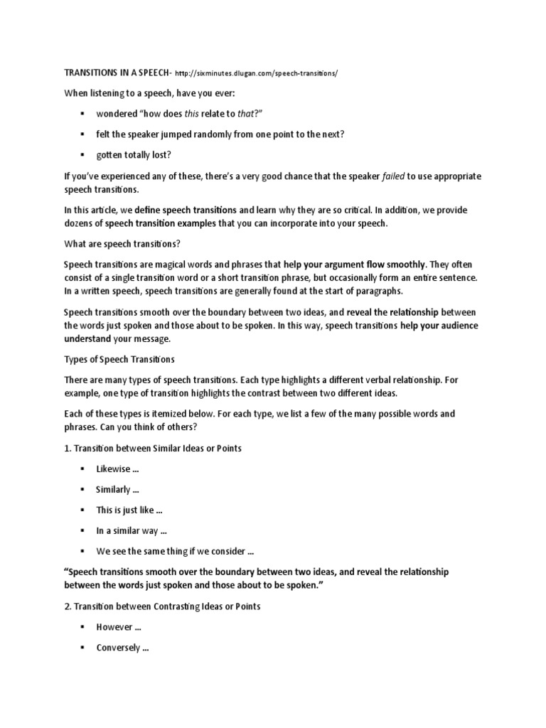 Transitions in A Speech | PDF | Word | Communication