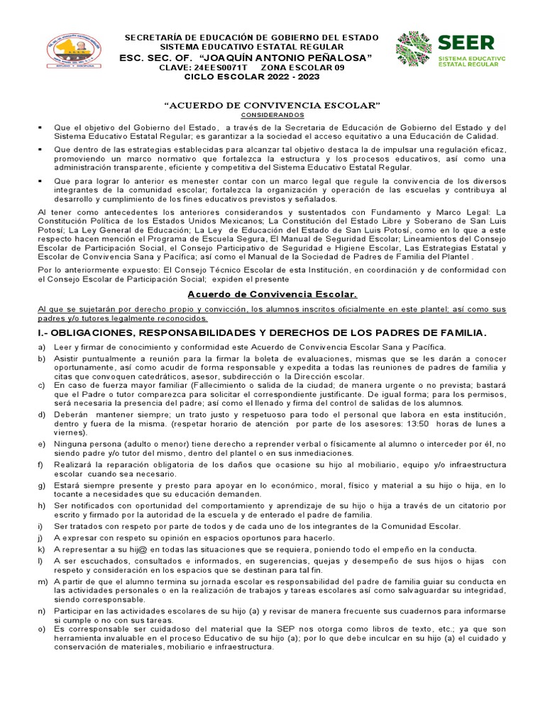 Acuerdo de Convivencia Escolar 2023 | PDF | Prueba (evaluación ...