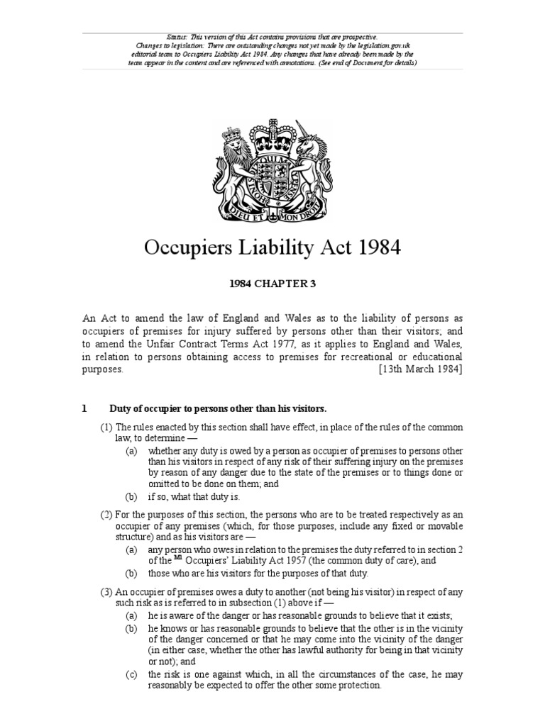 Overview of Occupiers Liability Act 1984 | PDF | Duty Of Care | Civil ...