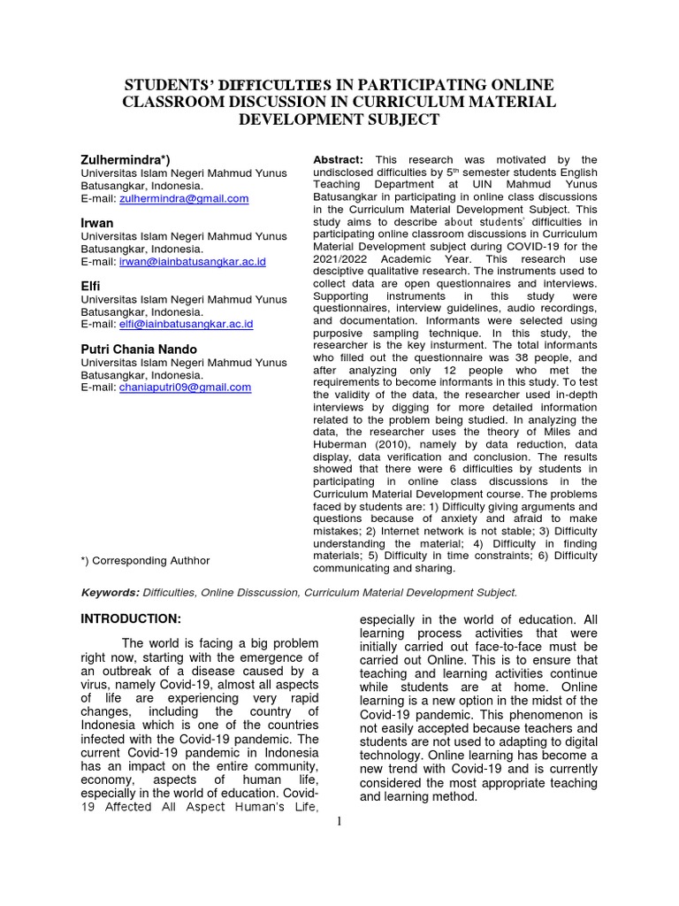 Students' Difficulties in Participating in Online Classroom Discussions