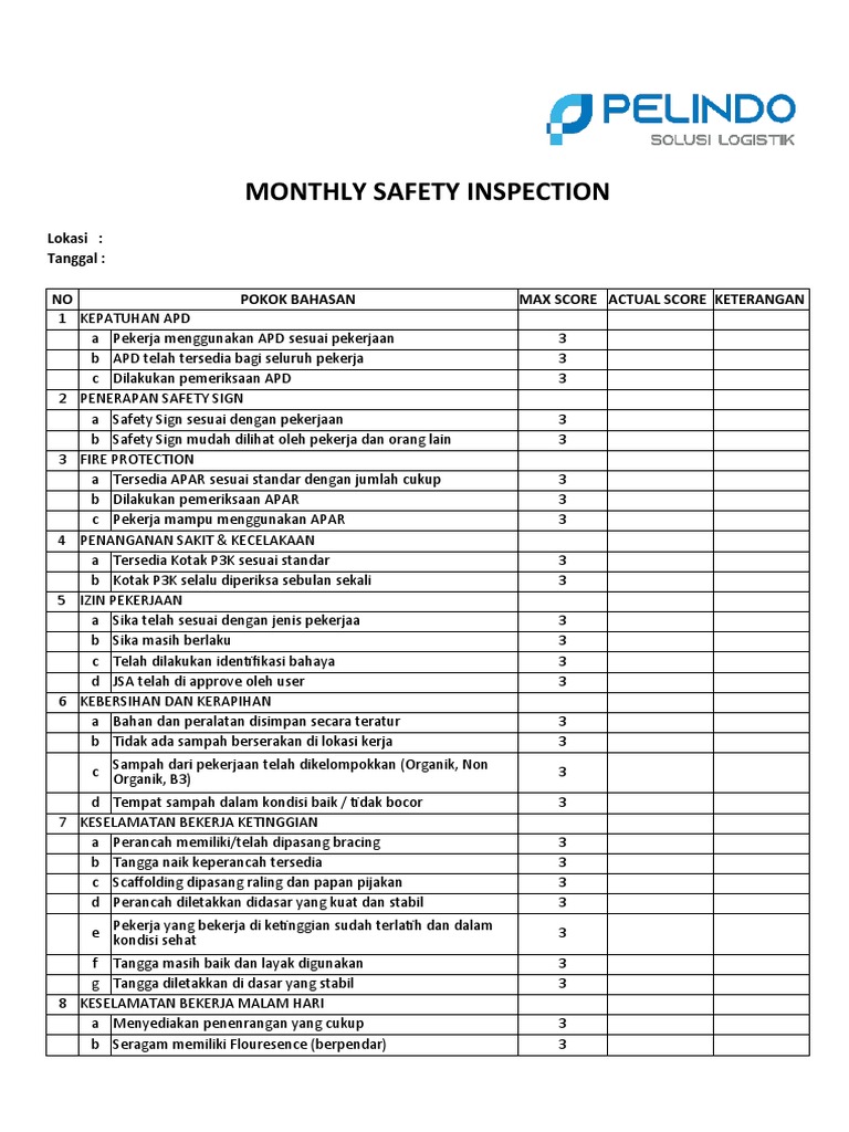 Checklist Inspeksi K3 Bulanan | PDF