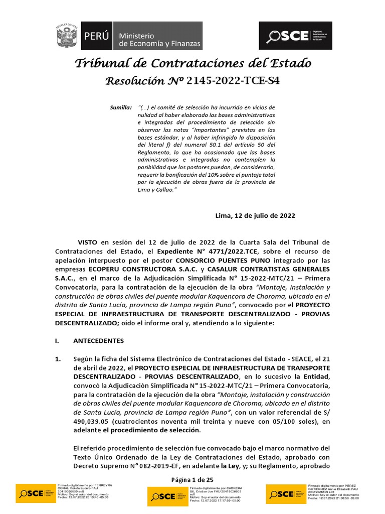 Resolución #2145-2022-TCE-S4 No Haber Considerado Bonificacion | PDF