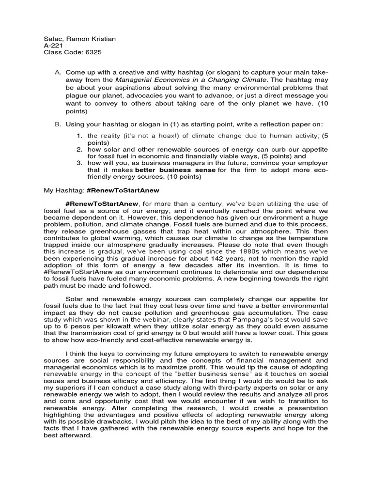 Managerial Economics & Renewable Energy | PDF | Climate Change | Fossil ...