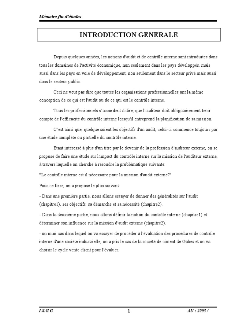 Memoire De Fin D Etudes Impact Pdf Controle Interne Audit