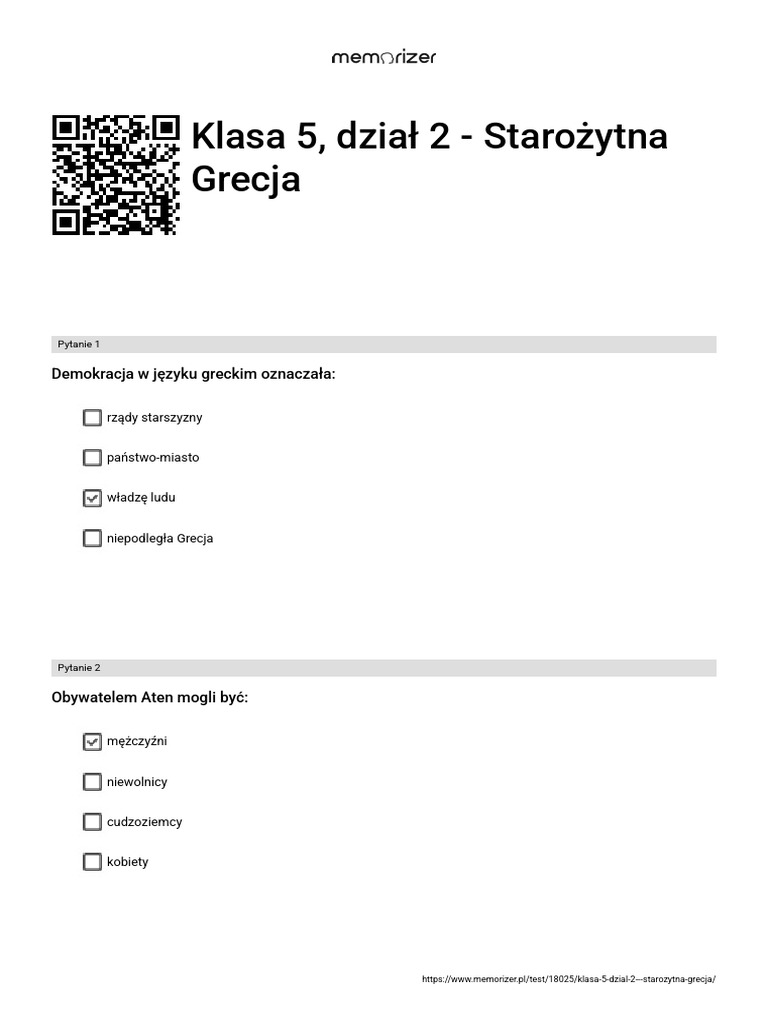 Test Z Historii Klasa 5 Dział 2 Starożytna Grecja
