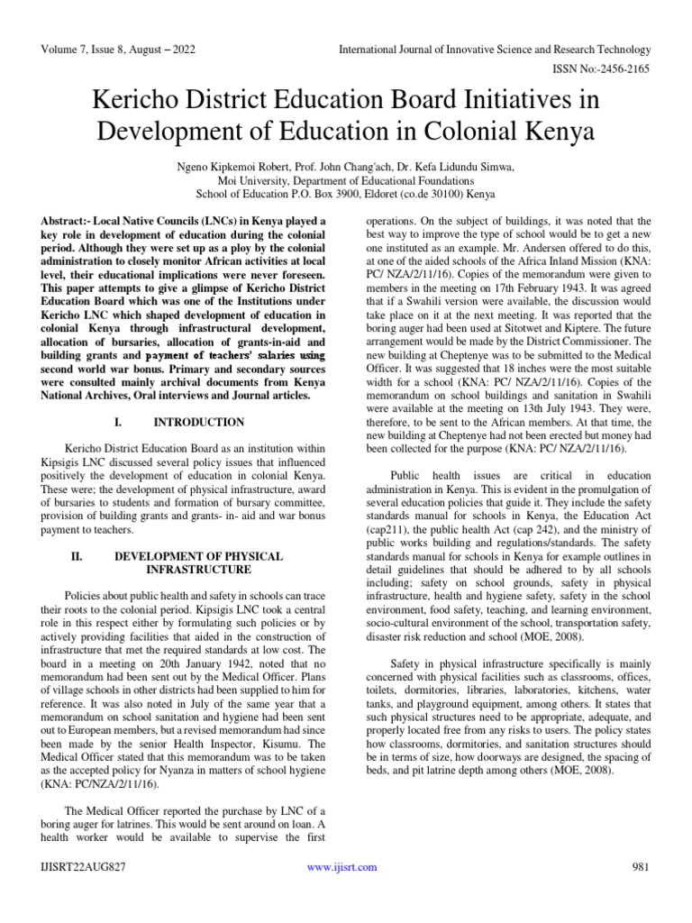 Kericho Education Board's Colonial Impact | PDF | Teachers | Sanitation