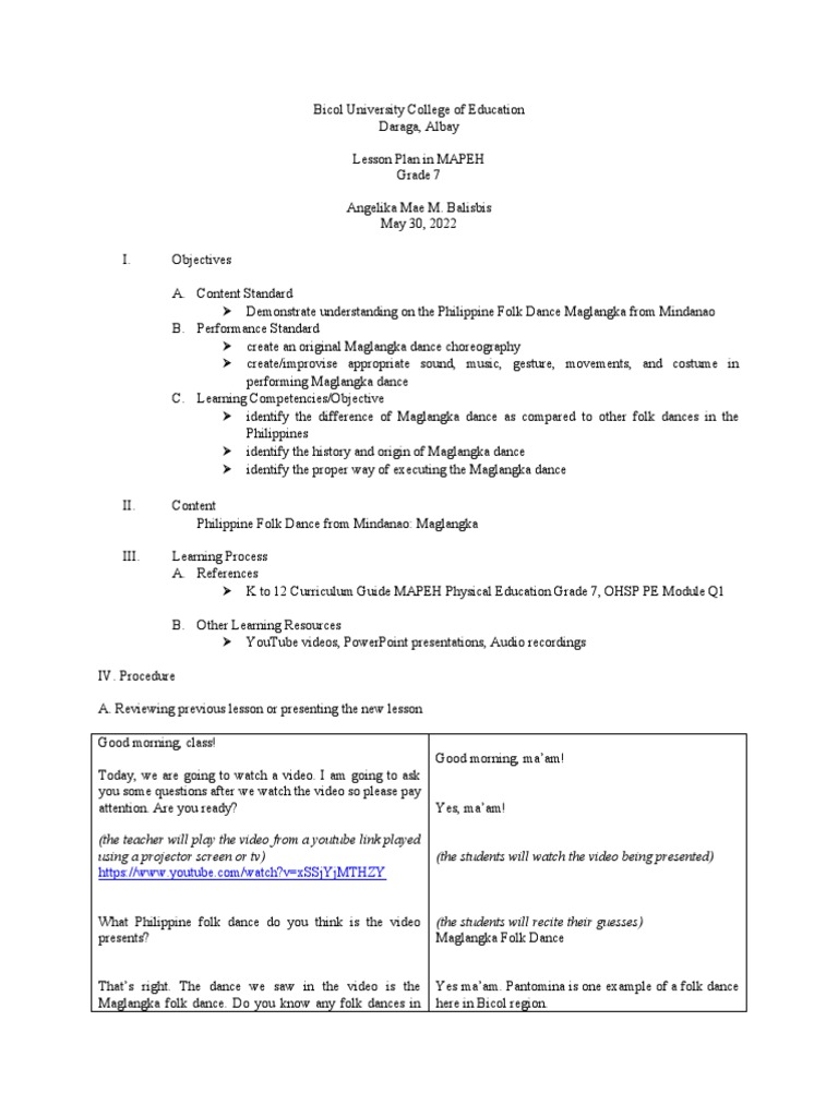 Detailed Lesson Plan Maglangka | PDF | Dances | Philippines