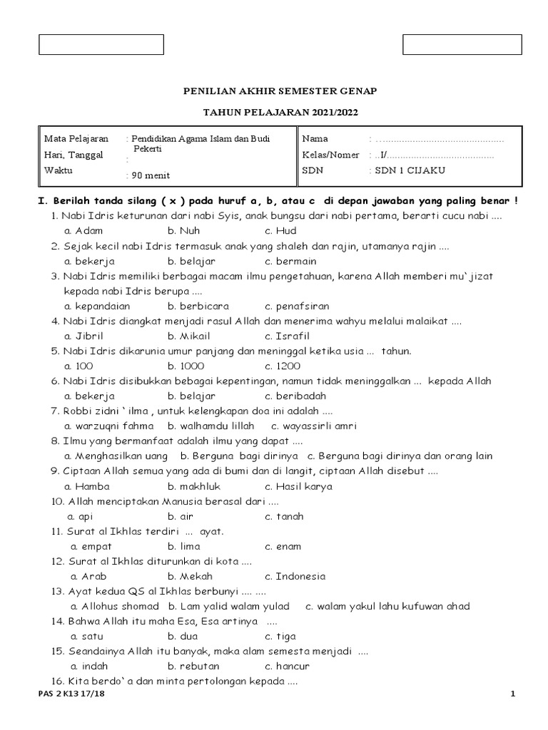 Memahami Soal PAS K13 Kelas 1 Semester 2
