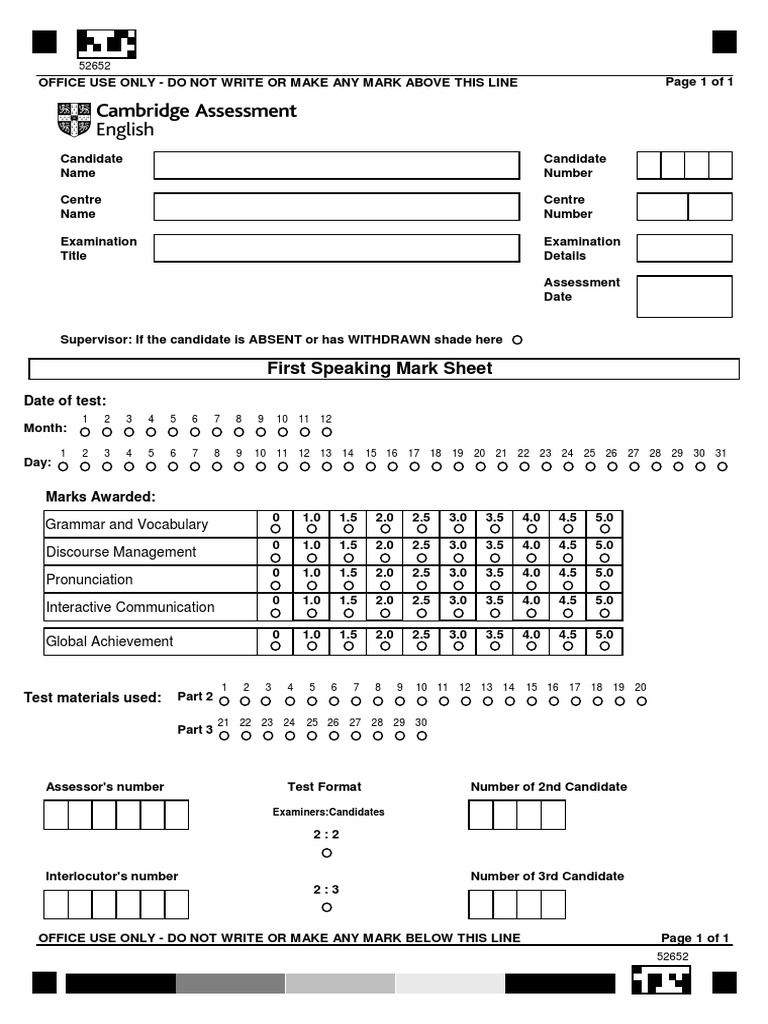 B2 First Speaking Answer Sheet PDF Linguistics Human Communication