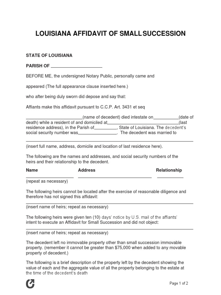 Louisiana Small Estate Affidavit Affidavit of Small Succession | PDF ...