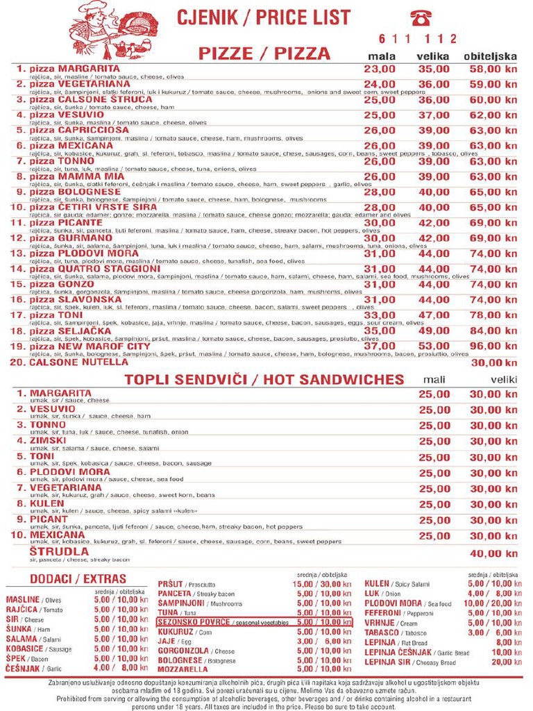 Cjenik Pizzeria Toni | PDF