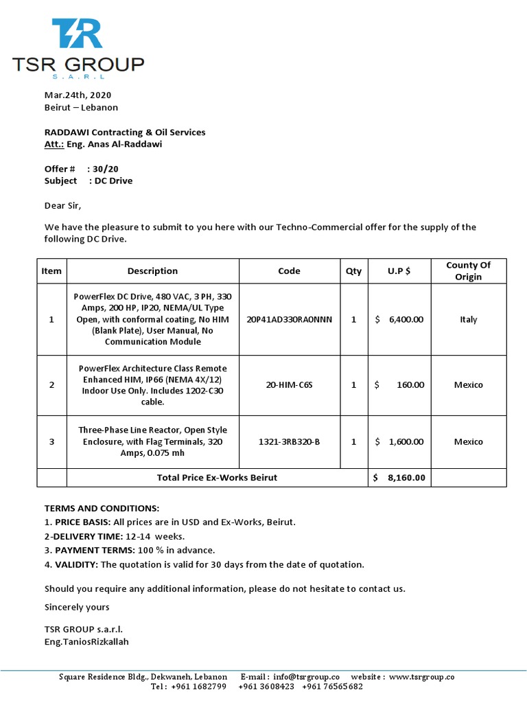Techno-Commercial Offer for DC Drive | PDF