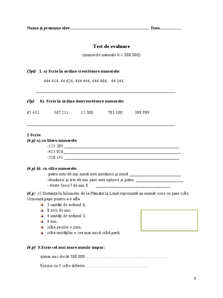 Test Sumativ Matematica Cls IV | PDF