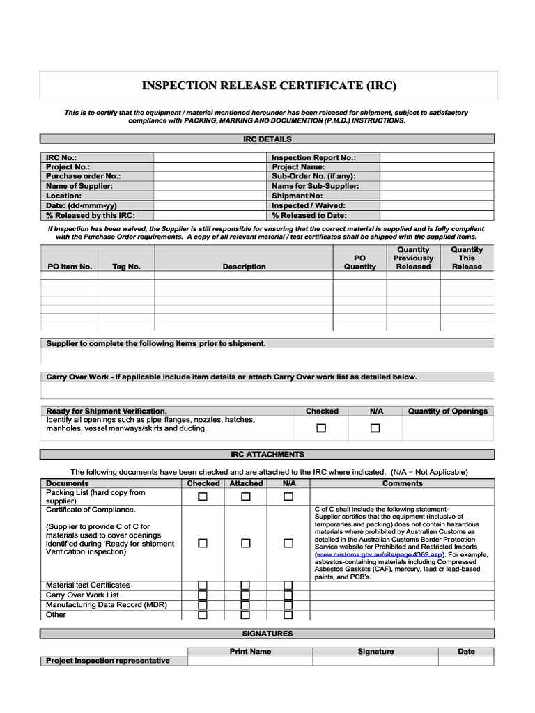 Qdoc Tips Inspection Release Certificate Template PDF
