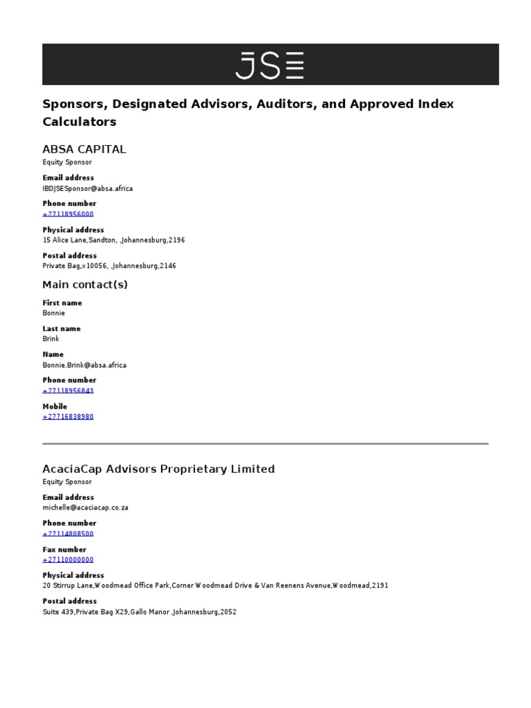 Sponsors Designated Advisors Auditors and Approved Index Calculators