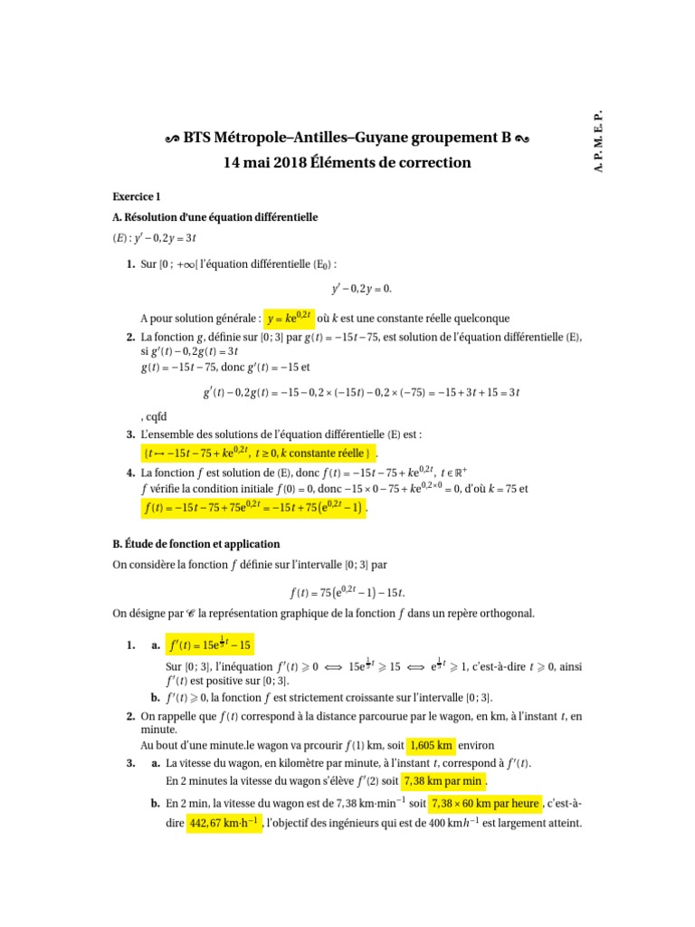 Correction BTS 2018 : Mathématiques | PDF | Courbe | Tangente (géométrie)