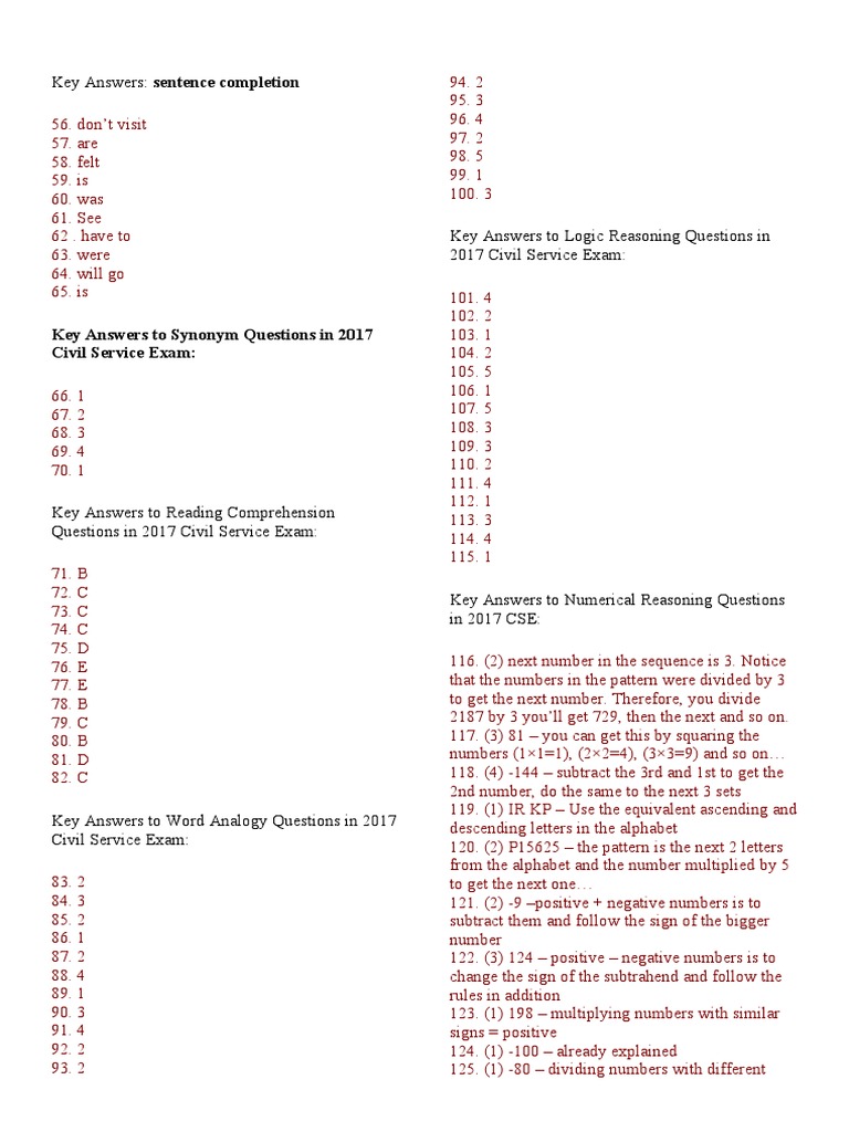 2017 Civil Service Exam Answer Key | PDF | Lexicology | Mathematics