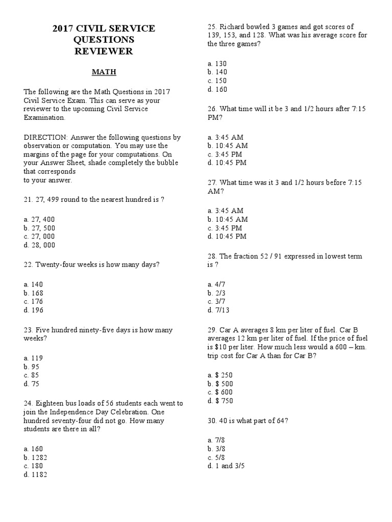 2017 Civil Service Exam Math & Grammar Review | PDF | Dolphin | Theatre