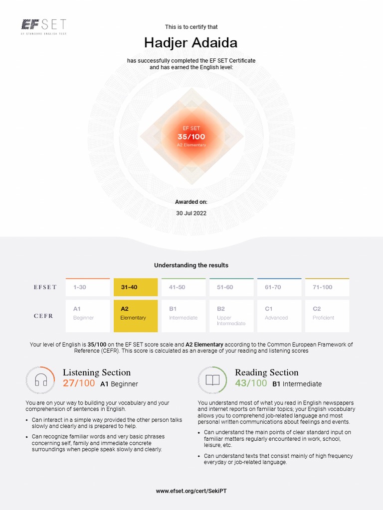 EF SET Certificate: Hadjer Adaida | PDF