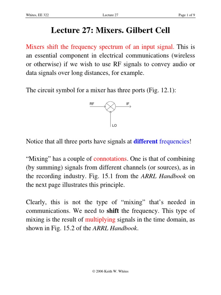 Lecture 27: Mixers. Gilbert Cell: Mixers Shift The Frequency Spectrum ...
