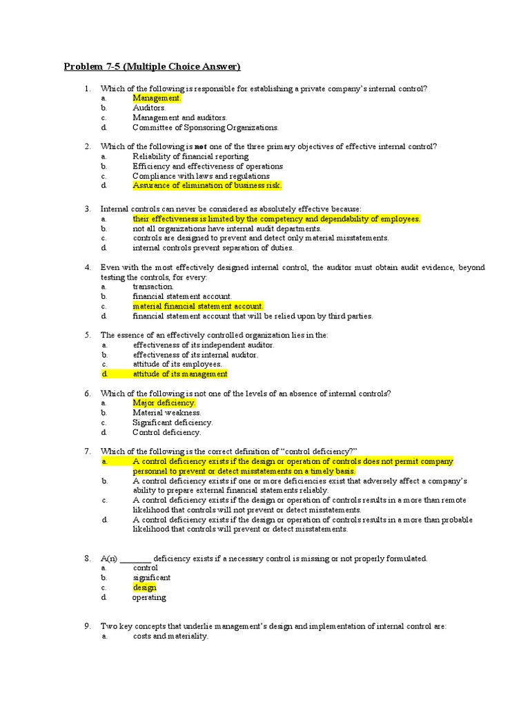 Establishing Effective Internal Controls Answers to Multiple Choice