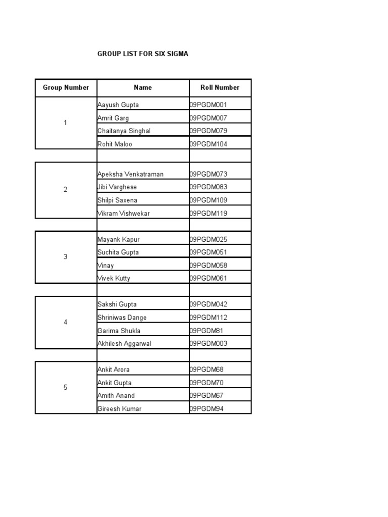 Six Sigma Group List and Members | PDF