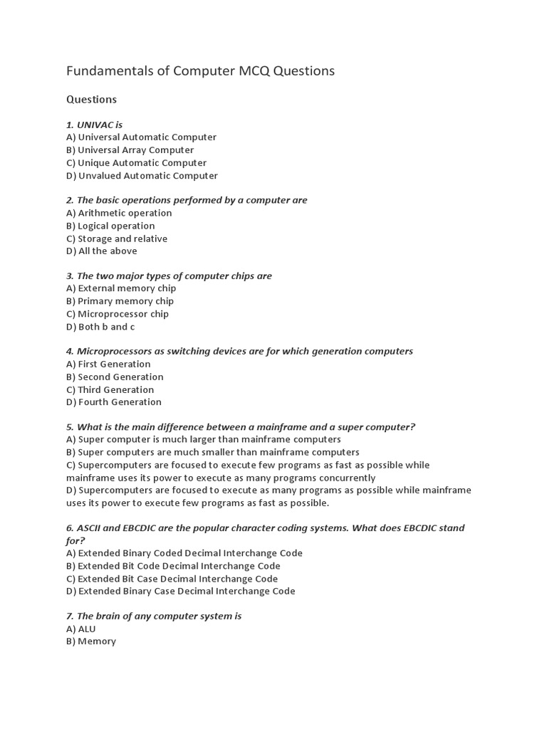 Computer Fundamentals MCQ Questions | PDF | Computer Data Storage ...