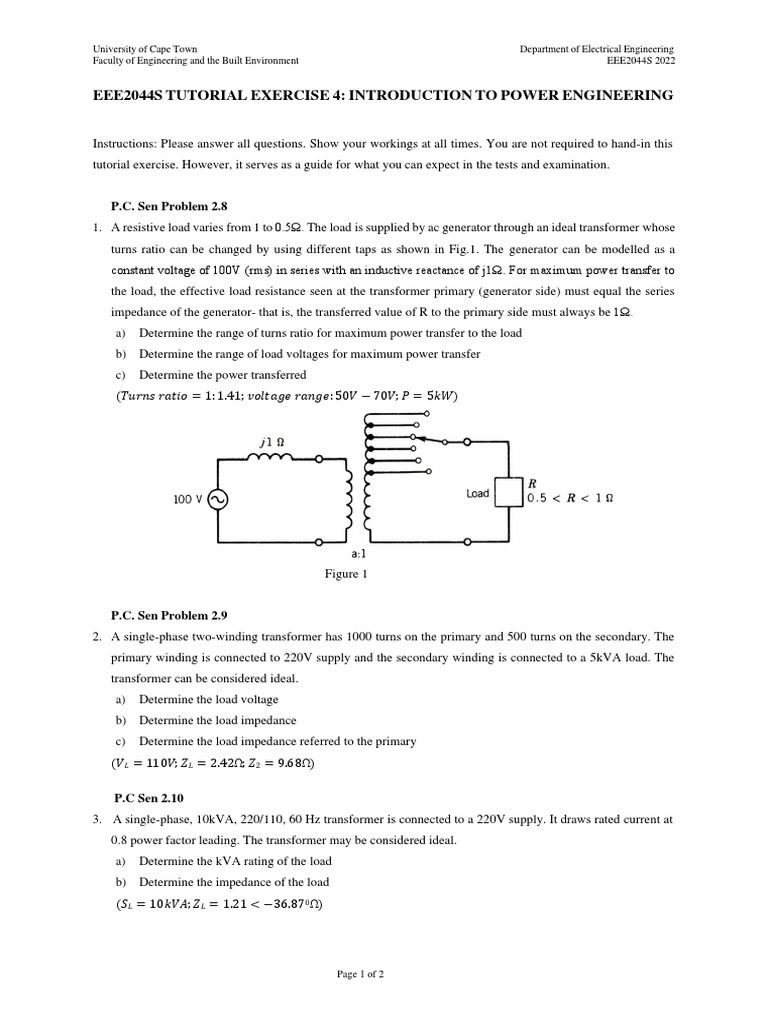 Power Engineering Tutorial EEE2044S | PDF | Transformer | Electrical ...