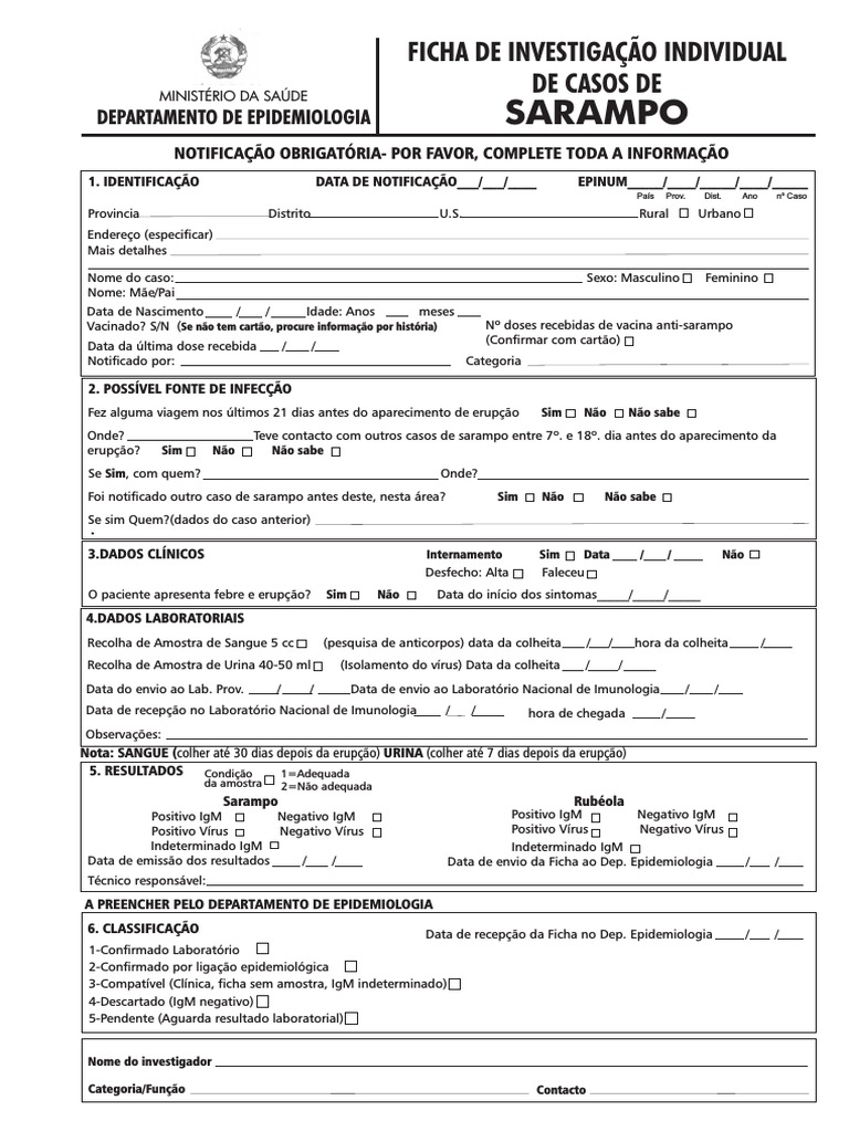 Ficha de Notificação de Sarampo | PDF | Sarampo | Epidemiologia