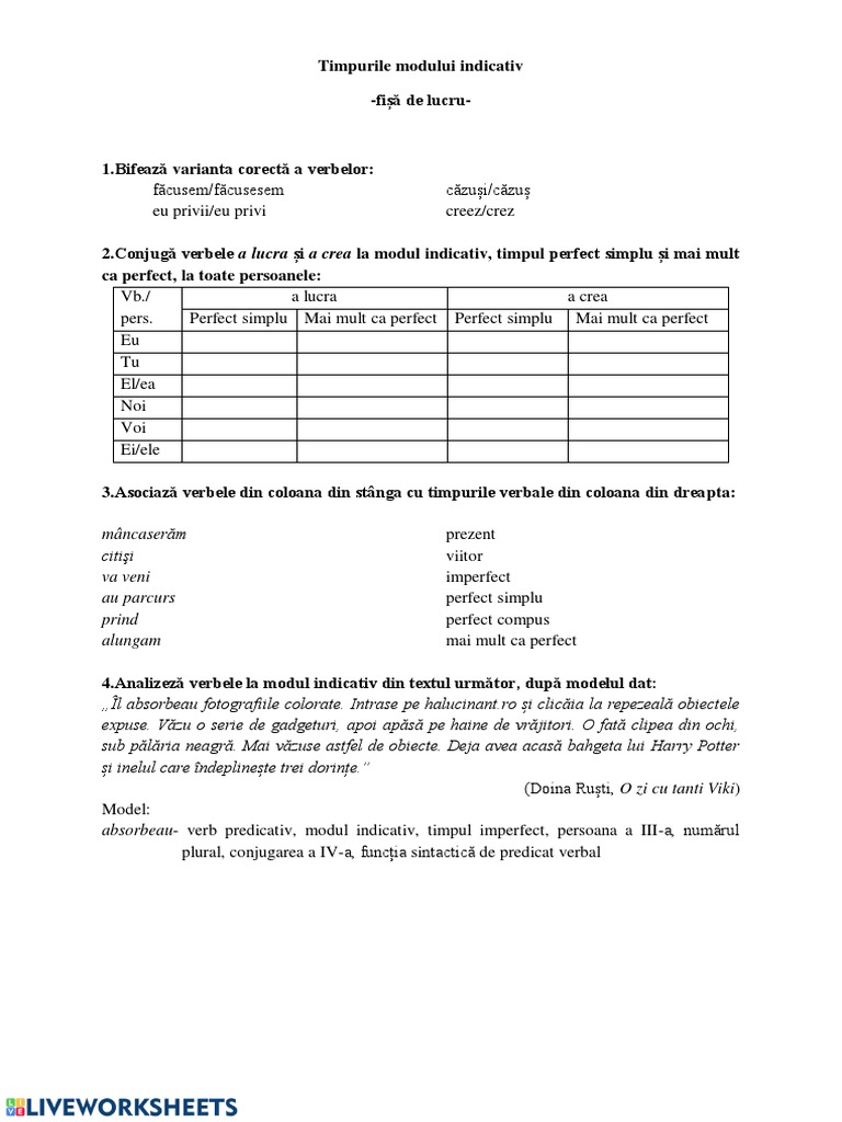 Fisa de Lucru Timpurile Modului Indicativ | PDF
