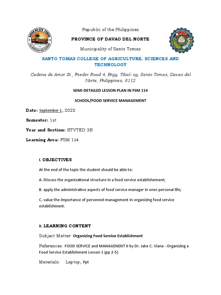 Lesson A Food Establishment Lesson Plan PDF Employment Salary