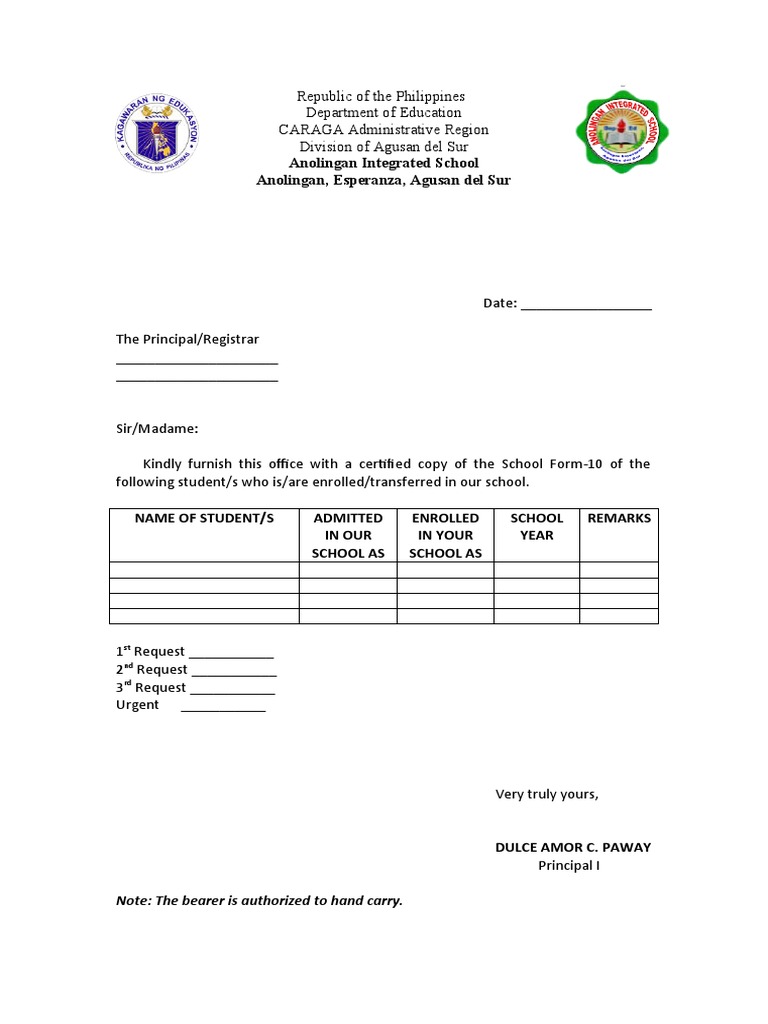 Request for Student School Form-10 | PDF