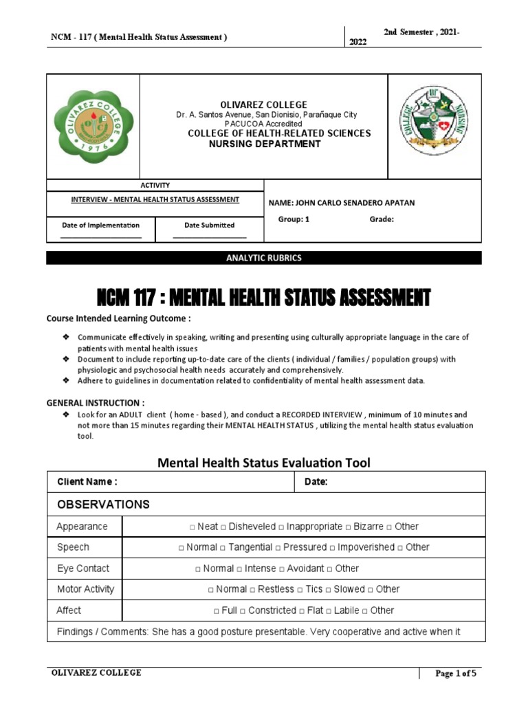 Mental Health Status Assessment Guide | PDF | Hallucination | Thought