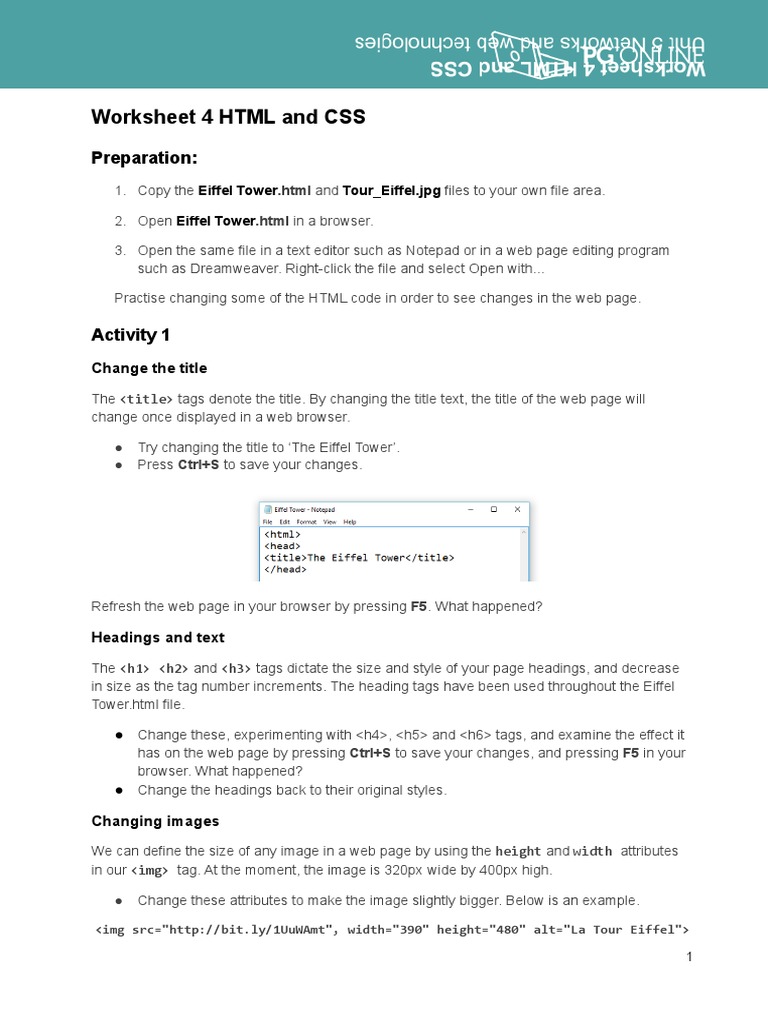 Networks worksheet 4 html and css pdf html element hyperlink