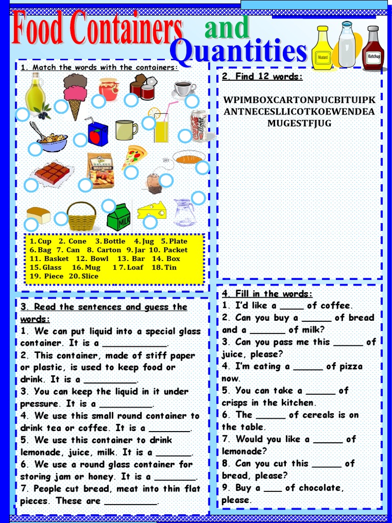 Food Containers and Quantities Worksheet | PDF | Drink | Milk