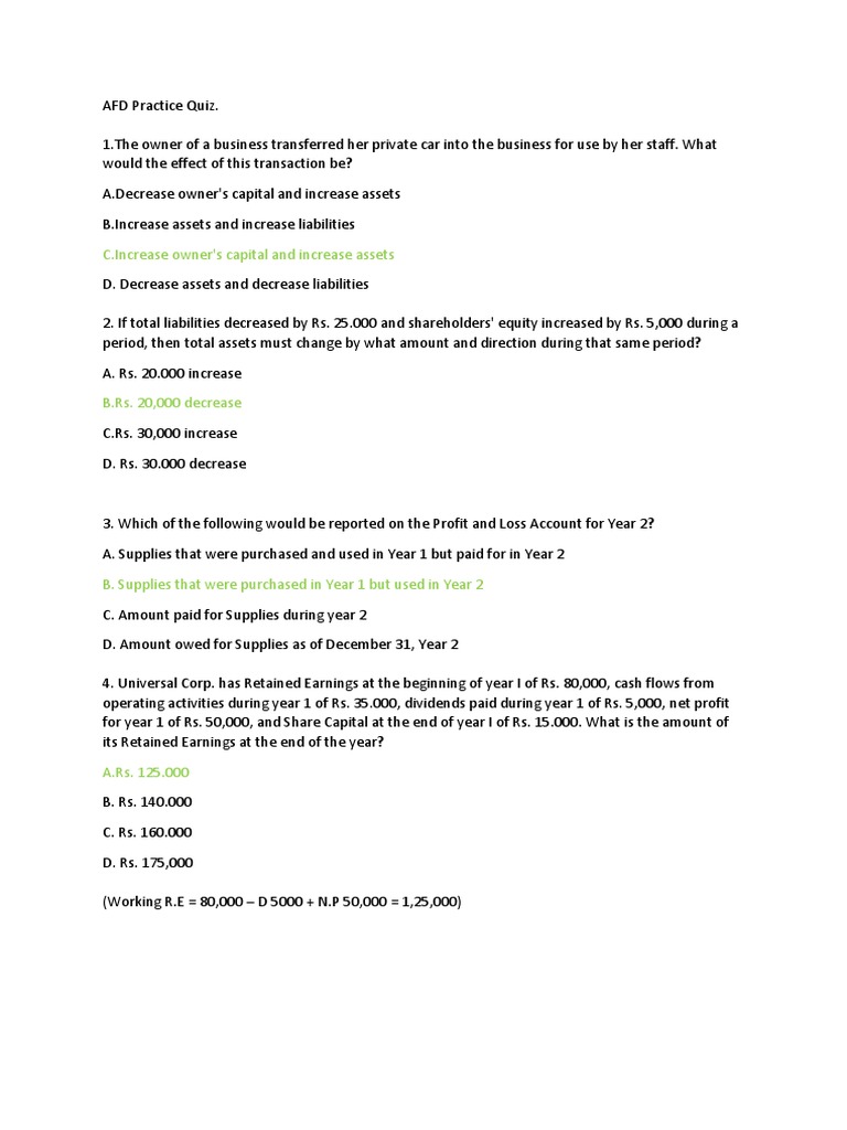 AFD Practice Quiz PDF Debits And Credits Retained Earnings