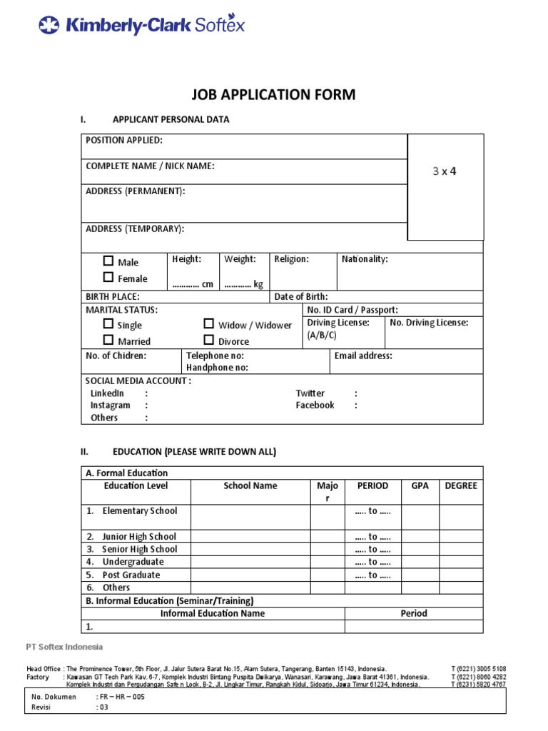Job Application Form - Kimberly-Clark Softex | PDF | Social ...