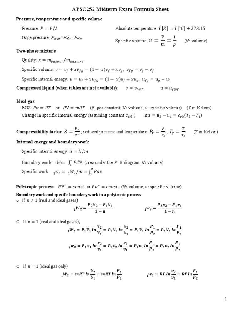 APSC 252 Midterm Formula Sheet | PDF | Gases | Temperature