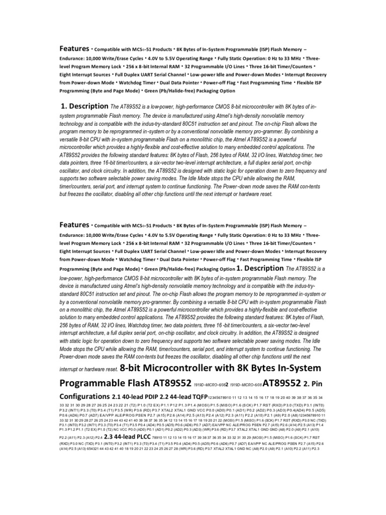 At 89 S 52 | PDF | Flash Memory | Microcontroller