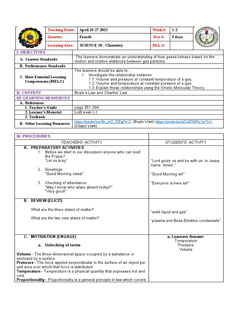 Lesson Plan Gas Law PDF Gases Matter