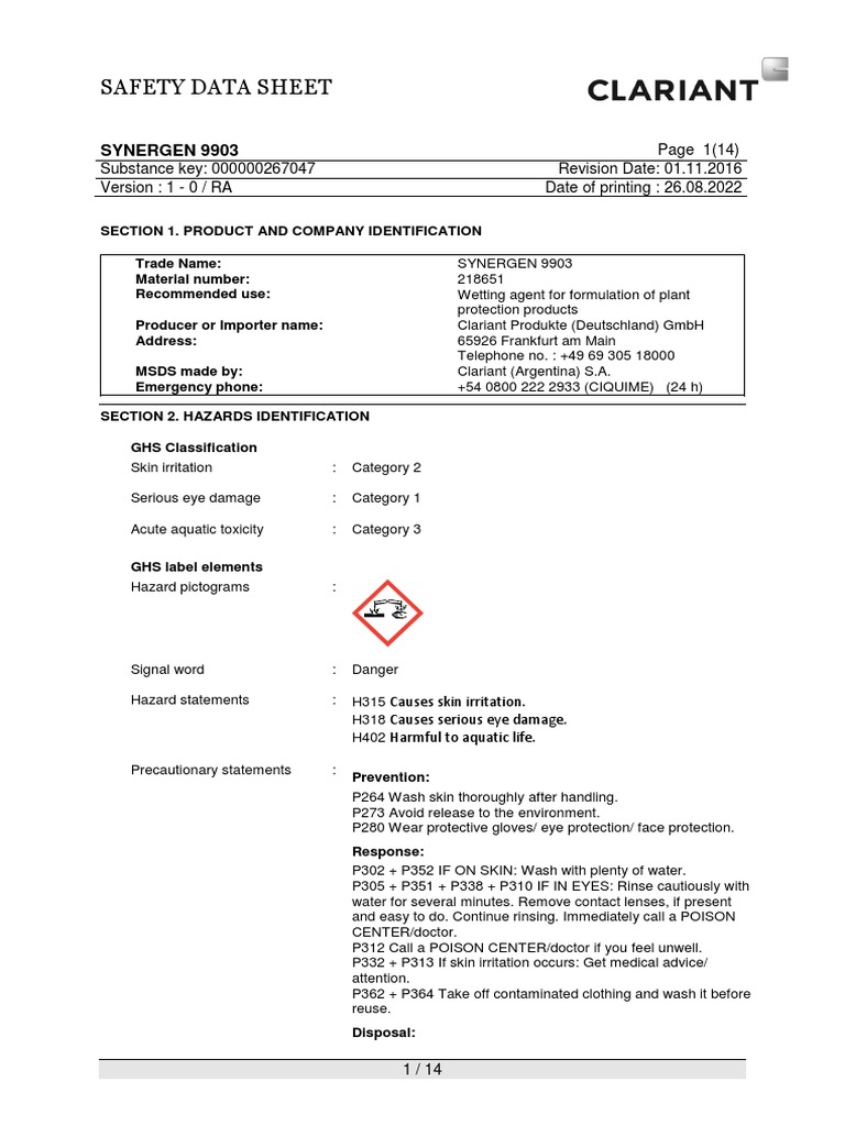 Clariant SDS SYNERGEN 9903 Argentina English PDF Toxicity Dangerous Goods
