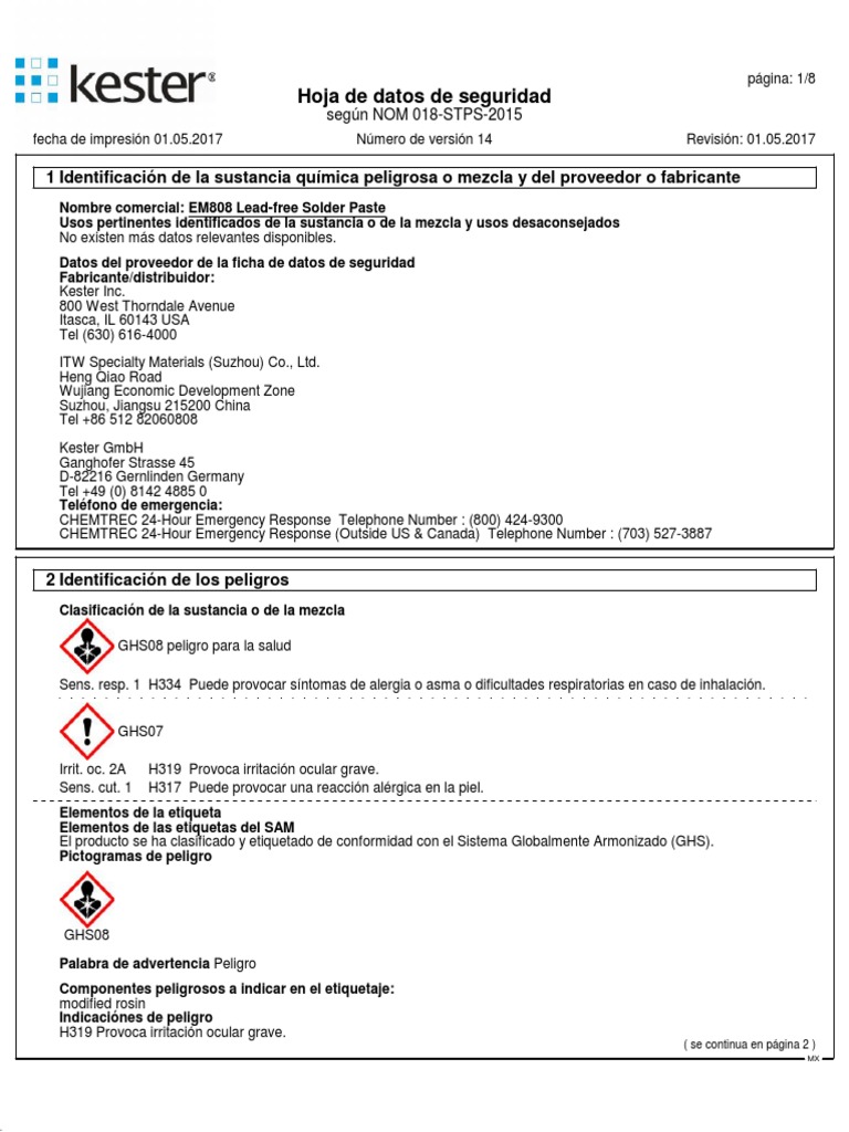 EM808 LeadFree Solder Paste SDS ES (V14) MX Descargar gratis PDF