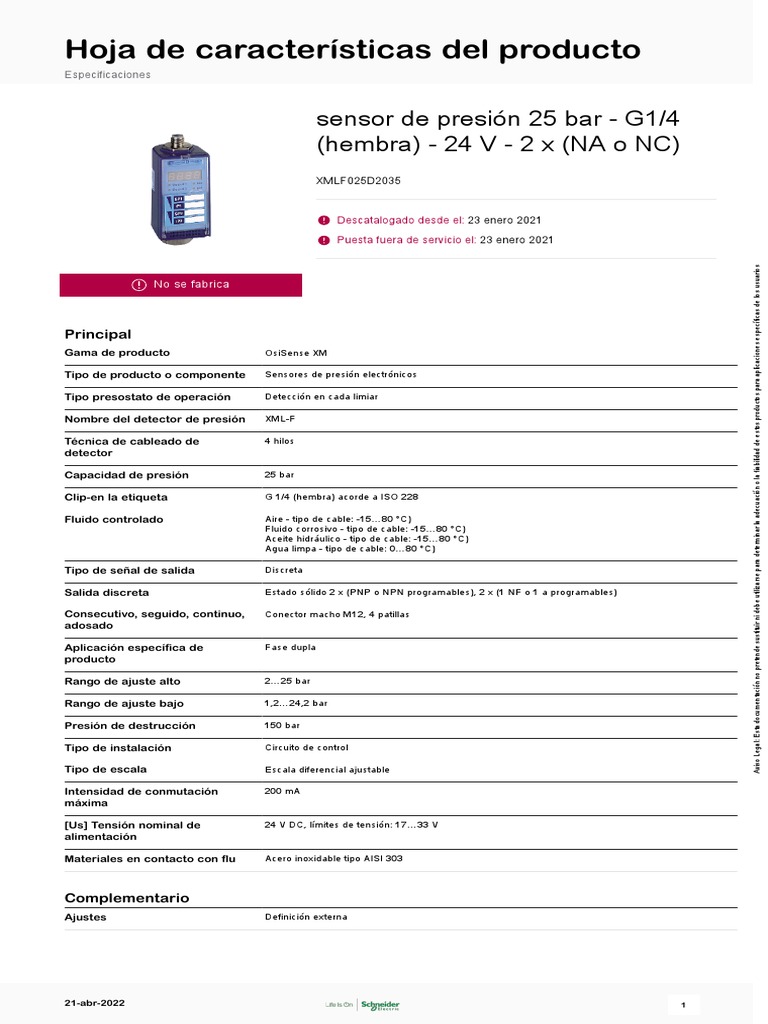 Pressure Sensors XM XMLF025D2035 PDF Cantidades fisicas Metrología