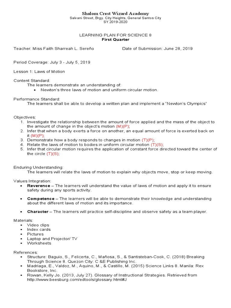 Learning Plan Science 8 Week1 Download Free PDF Educational