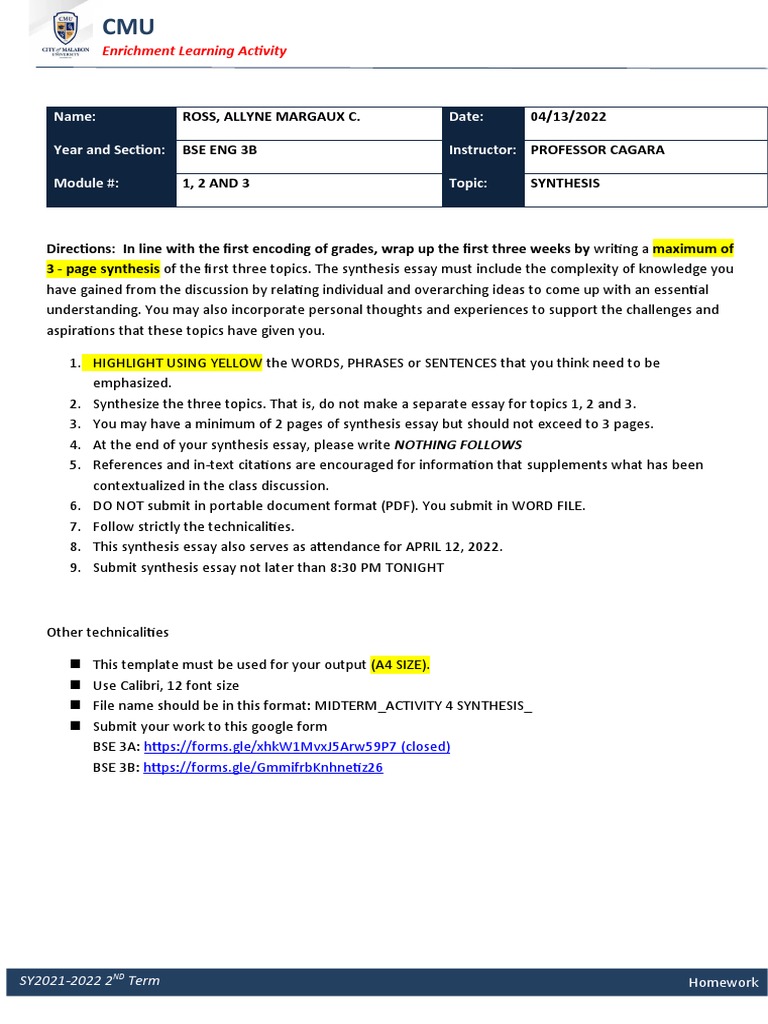 Midterm activity 4 synthesis rossallynemargaux pdf learning