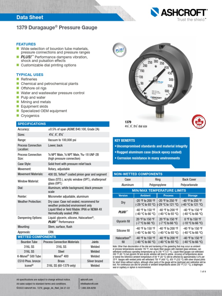 1379 Duragauge Pressure Gauge Data Sheet Download Free PDF Pipe