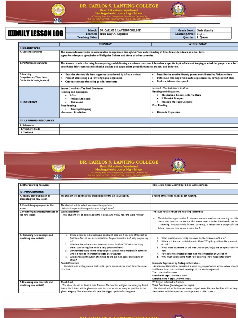 Grade 9 English Lesson Plan | PDF | Teachers | Idiom