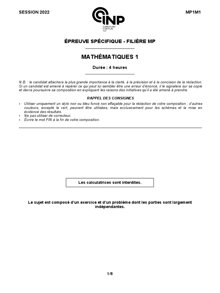 Épreuve de Mathématiques MP1M1 2022 | PDF | Limite (mathématiques ...