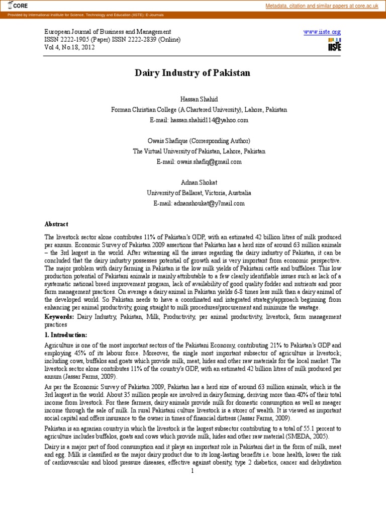 Dairy Industry of Pakistan PDF Dairy Farming Milk