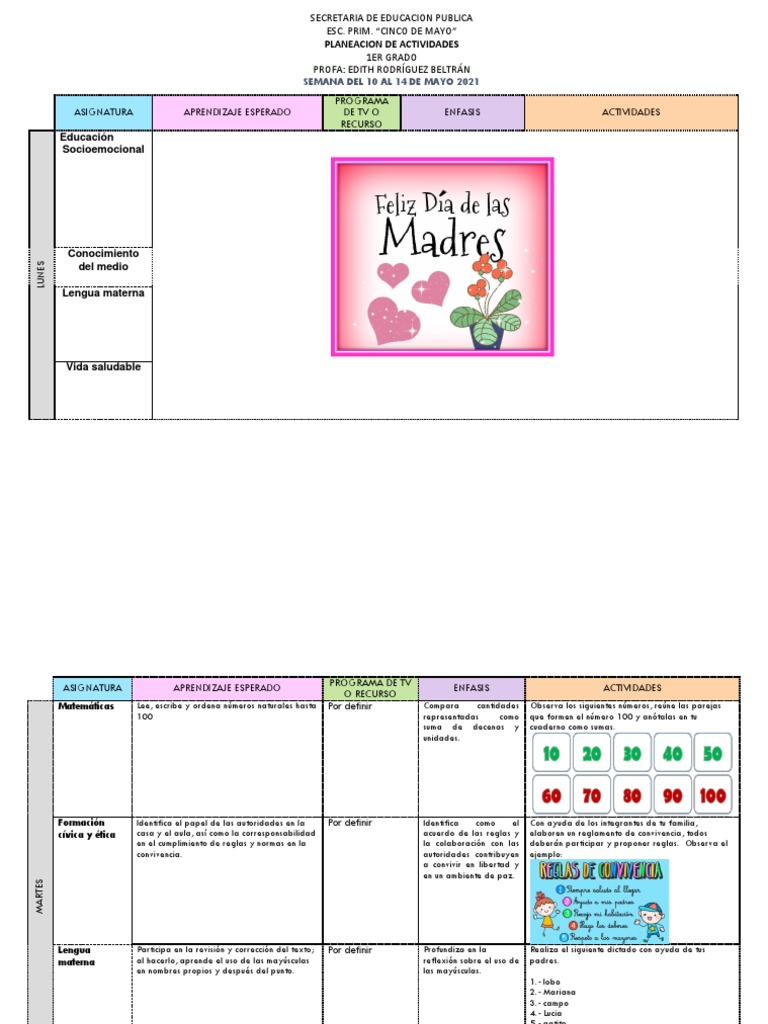 Planeacion de Actividades Del 10 Al 14 de Mayo 2021 | PDF | Aprendizaje ...